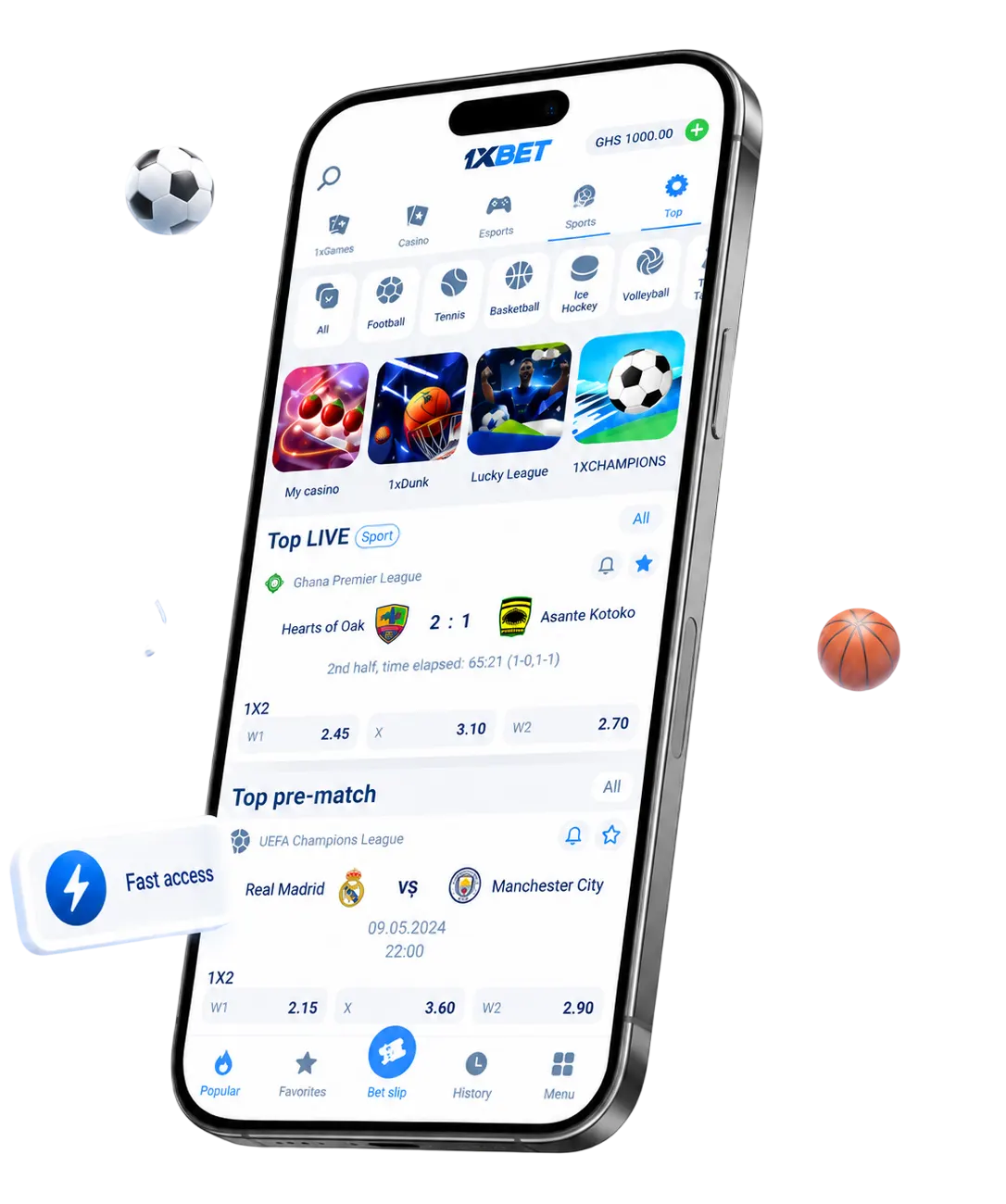 1xBet Ghana app interface on a smartphone